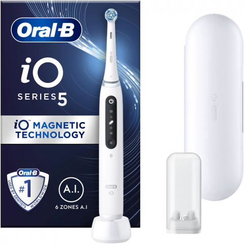Periuta de dinti electrica Oral-B iO5 cu Tehnologie Magnetica si Micro-Vibratii, Inteligenta artificiala, Display conversational, Senzor de presiune Smart, 5 moduri, 1 capat, Trusa de calatorie, Alb [0]