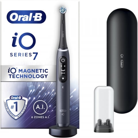 Ingrijire personala & Cosmetice - Periuta de dinti electrica Oral-B iO7 cu Tehnologie Magnetica si Micro-Vibratii, Inteligenta artificiala, Display led interactiv, Senzor de presiune Smart, Timer vizibil, 5 moduri, 1 capat, spare head holder, Incarcator magnetic, Trusa de calatorie, Negru