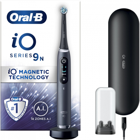 Periuta de dinti electrica Oral-B iO9 cu Tehnologie Magnetica si Micro-Vibratii, Inteligenta artificiala, Display led, Senzor de presiune Smart, Timer vizibil, Negru