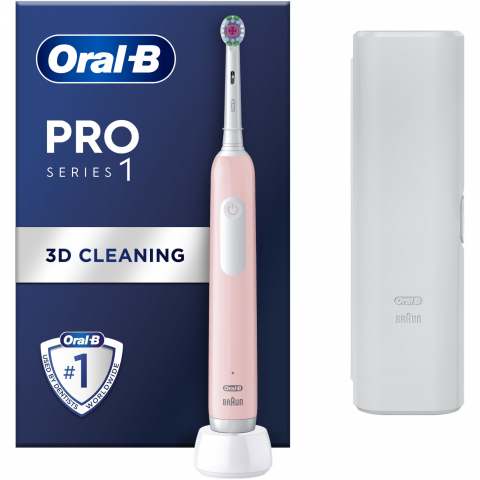 Periute de dinti electrice - Periuta de dinti electrica Oral-B Pro 1, Curatare 3D, 1 program, 1 capat de periaj, trusa de calatorie, Roz