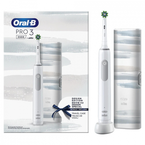 Periuta de dinti electrica Oral-B Pro 3 3500, Curatare 3D, 3 programe, 1 Incarcator, 1 Capat, Trusa de calatorie, Alb [1]