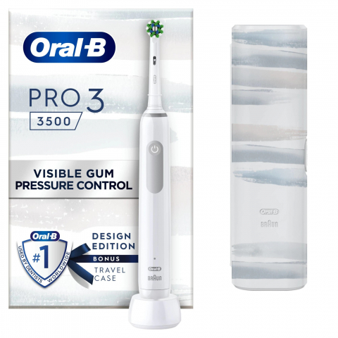 Periute de dinti electrice - Periuta de dinti electrica Oral-B Pro 3 3500, Curatare 3D, 3 programe, 1 Incarcator, 1 Capat, Trusa de calatorie, Alb