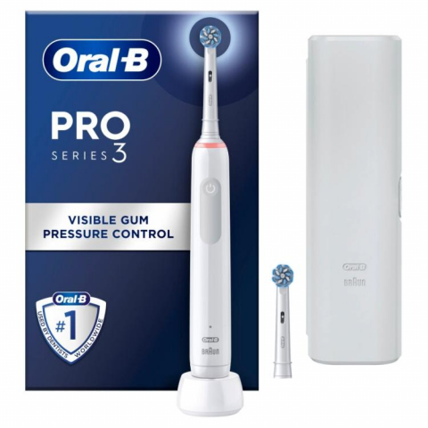 Periuta de dinti electrica Oral-B Pro 3 3500 Sensitive Clean, Curatare 3D, 3 programe, 2 capete incluse, Trusa de calatorie, Alb