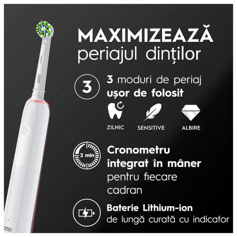 Periuta de dinti electrica Oral-B Pro 3 3500 Sensitive Clean, Curatare 3D, 3 programe, 2 capete incluse, Trusa de calatorie, Alb [2]