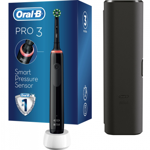 Periuta de dinti electrica Oral-B Pro 3 Cross Action, Curatare 3D, 3 programe, 1 capat, Trusa de calatorie, Negru