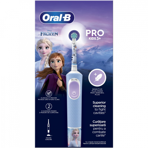 Periuta de dinti electrica Oral-B Pro Kids Frozen pentru copii, Curatare 2D, 2 programe, 1 capat, 4 autocolante, pentru 3+ ani, Albastru [1]
