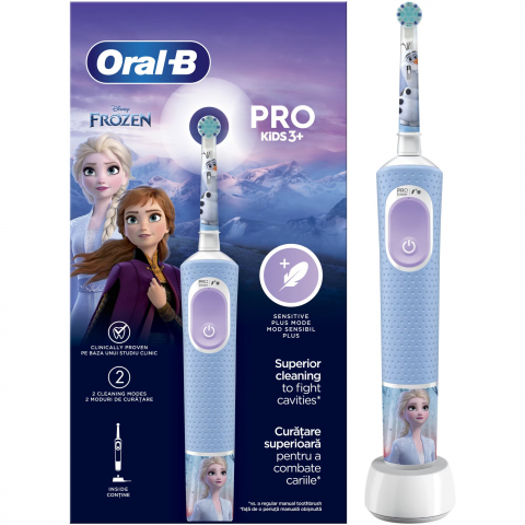 Periuta de dinti electrica Oral-B Pro Kids Frozen pentru copii, Curatare 2D, 2 programe, 1 capat, 4 autocolante, pentru 3+ ani, Albastru [0]