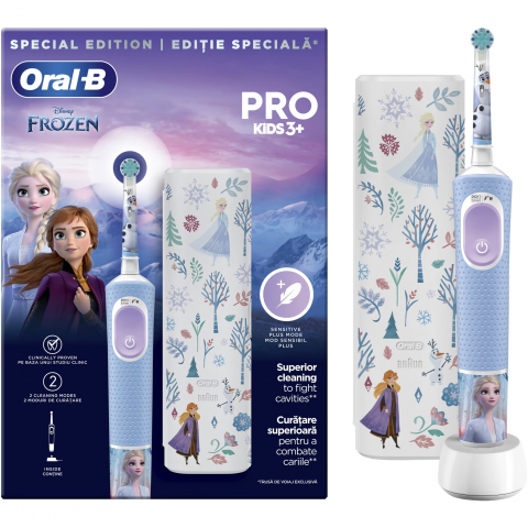Ingrijire personala & Cosmetice - Periuta de dinti electrica Oral-B Pro Kids Frozen pentru copii, Curatare 2D, 2 programe, 1 capat, 4 autocolante, trusa de calatorie, Albastru