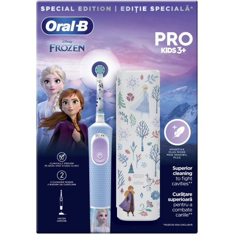 Periuta de dinti electrica Oral-B Pro Kids Frozen pentru copii, Curatare 2D, 2 programe, 1 capat, 4 autocolante, trusa de calatorie, Albastru [3]
