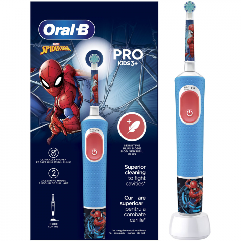Periuta de dinti electrica Oral-B Pro Kids Spiderman pentru copii, Curatare 2D, 2 programe, 1 capat, 4 autocolante, Albastru [1]