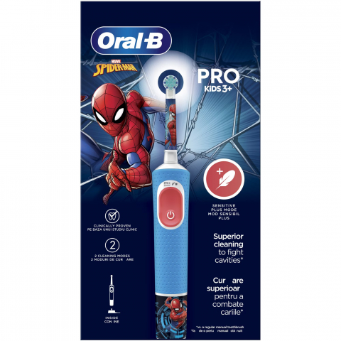 Periuta de dinti electrica Oral-B Pro Kids Spiderman pentru copii, Curatare 2D, 2 programe, 1 capat, 4 autocolante, Albastru [2]