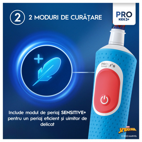 Periuta de dinti electrica Oral-B Pro Kids Spiderman pentru copii, Curatare 2D, 2 programe, 1 capat, 4 autocolante, Albastru [4]