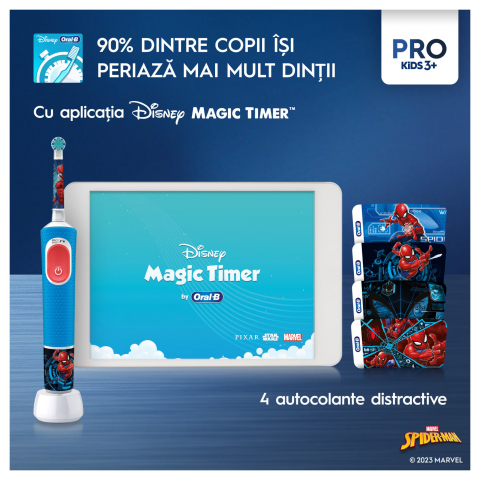 Periuta de dinti electrica Oral-B Pro Kids Spiderman pentru copii, Curatare 2D, 2 programe, 1 capat, 4 autocolante, Albastru [5]