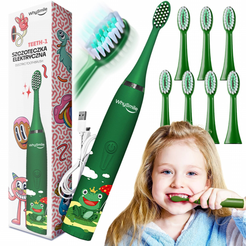 Periuta electrica reincarcabila sonica WhySmile Copii, 32000 miscari/minut, 4 moduri de curatatare, 8 capete de periere, smart timer, rezistent la apa IPX6, cablu USB, Verde [9]