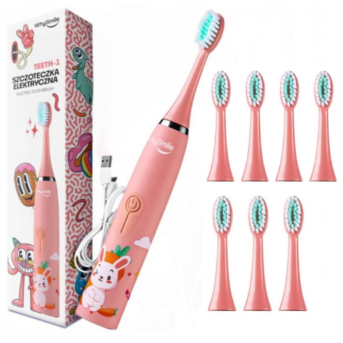 Periute de dinti electrice - Periuta electrica reincarcabila sonica WhySmile Copii, 32000 miscari/minut, 4 moduri de curatatare, 8 capete de periere, smart timer, rezistent la apa IPX6, cablu USB, Roz