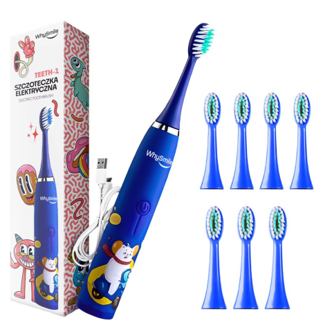 Ingrijire personala & Cosmetice - Periuta electrica reincarcabila sonica WhySmile Copii, 32000 miscari/minut, 4 moduri de curatatare, 8 capete de periere, smart timer, rezistent la apa IPX6, cablu USB, Albastru