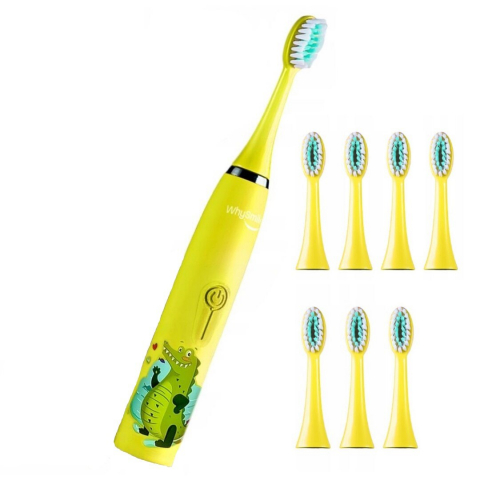 Periuta electrica reincarcabila sonica WhySmile Copii, 32000 miscari/minut, 4 moduri de curatatare, 8 capete de periere, smart timer, rezistent la apa IPX6, cablu USB, Galben [7]