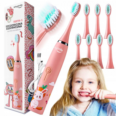 Periuta electrica reincarcabila sonica WhySmile Copii, 32000 miscari/minut, 4 moduri de curatatare, 8 capete de periere, smart timer, rezistent la apa IPX6, cablu USB, Roz [5]