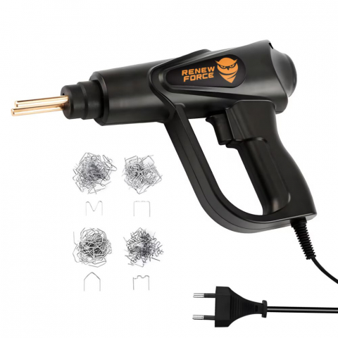 Pistoale de lipit - Pistol Profesional pentru lipit/sudat plastic Renew Force, kit pentru repararea fisurilor din plastic, polipropilena, 200 capse de intarire, putere 70W, Negru