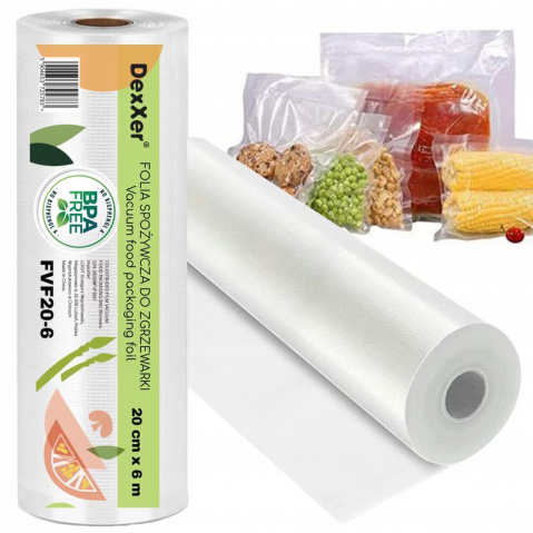 Pungi vidat gofrate DexXer, pentru aparat de vidat alimente, 1 rola, 20cm x 6m, reutilizabile, rezistente, sous vide, lavabile in masina de spalat, fara BPA, transparent [1]