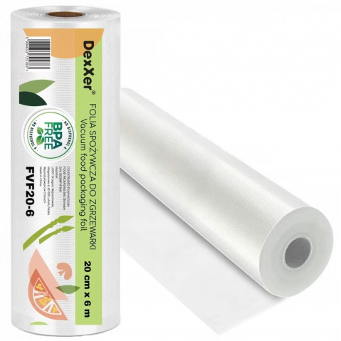 Pungi vidat gofrate DexXer, pentru aparat de vidat alimente, 1 rola, 20cm x 6m, reutilizabile, rezistente, sous vide, lavabile in masina de spalat, fara BPA, transparent [2]