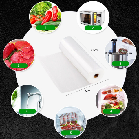 Pungi vidat gofrate DexXer, pentru aparat de vidat alimente, 1 rola, 25cm x 6m, reutilizabile, rezistente, sous vide, lavabile in masina de spalat, fara BPA, transparent [1]