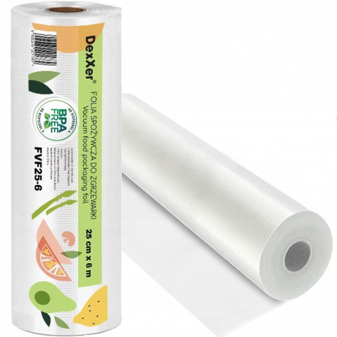 Pungi vidat gofrate DexXer, pentru aparat de vidat alimente, 1 rola, 25cm x 6m, reutilizabile, rezistente, sous vide, lavabile in masina de spalat, fara BPA, transparent [6]