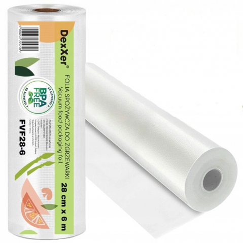 Pungi vidat gofrate DexXer, pentru aparat de vidat alimente, 1 rola, 28cm x 6m, reutilizabile, rezistente, sous vide, lavabile in masina de spalat, fara BPA, transparent [1]