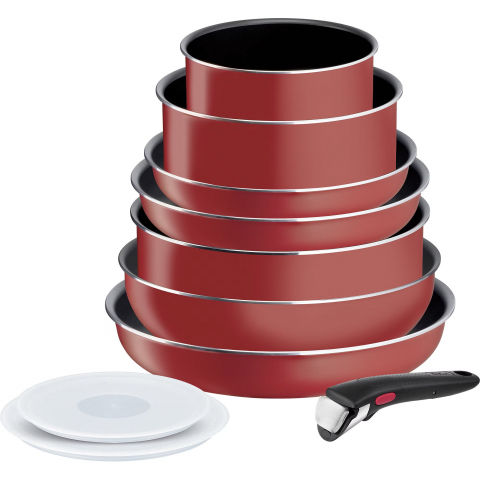 Tigai si Seturi - Set 10 piese Tefal Ingenio Easy Cook & Clean, invelis antiaderent Titanium, indicator temperatura Thermo-Signal, maner detasabil, rosu