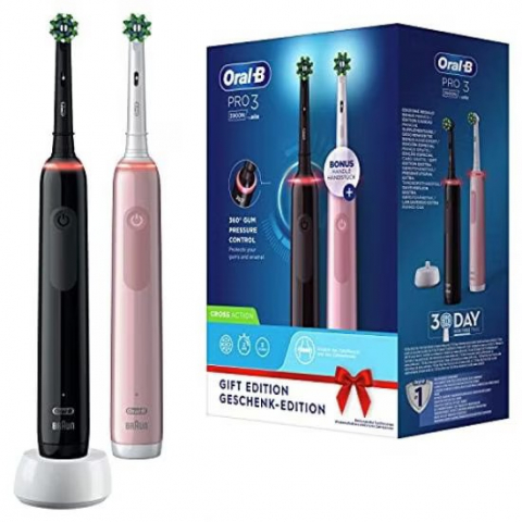 Set 2 periute de dinti electrice Oral-b pro 3-3900, roz si negru, 2 manere cu senzor de presiune vizibil, 2 capete de perie [2]