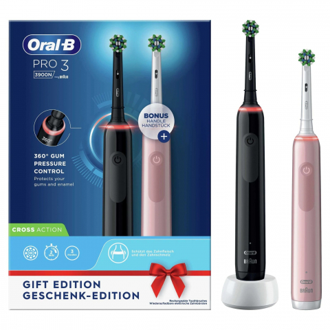 Set 2 periute de dinti electrice Oral-b pro 3-3900, roz si negru, 2 manere cu senzor de presiune vizibil, 2 capete de perie [0]
