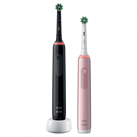 Set 2 periute de dinti electrice Oral-b pro 3-3900, roz si negru, 2 manere cu senzor de presiune vizibil, 2 capete de perie [1]