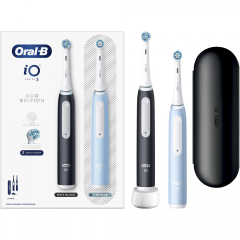 Set 2 x Periuta de dinti electrica Oral-B iO3 cu Tehnologie Magnetica si Micro-Vibratii, Senzor de presiune Smart, 3 moduri, 2 capete, Trusa de calatorie, Negru/Albastru [1]