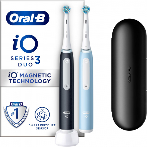 Periute de dinti electrice - Set 2 x Periuta de dinti electrica Oral-B iO3 cu Tehnologie Magnetica si Micro-Vibratii, Senzor de presiune Smart, 3 moduri, 2 capete, Trusa de calatorie, Negru/Albastru