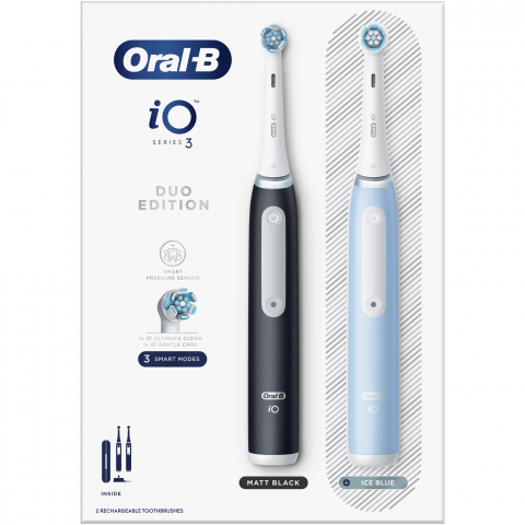 Set 2 x Periuta de dinti electrica Oral-B iO3 cu Tehnologie Magnetica si Micro-Vibratii, Senzor de presiune Smart, 3 moduri, 2 capete, Trusa de calatorie, Negru/Albastru [3]