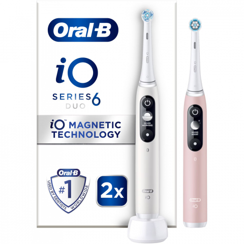 Set 2 x Periuta de dinti electrica Oral-B iO6 cu Tehnologie Magnetica si Micro-Vibratii, Inteligenta artificiala, Display led interactiv, Senzor de presiune Smart, Timer vizibil, 5 moduri, 1 incarcator, Alb/Roz [0]