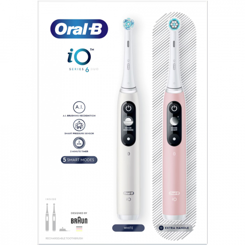 Set 2 x Periuta de dinti electrica Oral-B iO6 cu Tehnologie Magnetica si Micro-Vibratii, Inteligenta artificiala, Display led interactiv, Senzor de presiune Smart, Timer vizibil, 5 moduri, 1 incarcator, Alb/Roz [1]