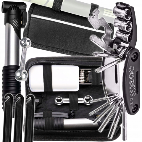 Scule Bicicleta - Set 21 Scule Bicicleta NewEvo®, Cu Mini Pompa, Instrument multifunctional 16 in 1, Patch-uri de reparatii, Geanta Transport , Negru