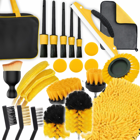 Produse Cosmetica Auto - Set 23 Piese Detailing Auto NewEvo, Curatare Auto Interior si Exterior, Geanta Transport si Depozitare Inclusa, Negru Galben