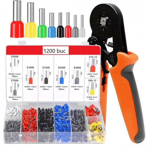 Casa, Gradina & Bricolaj - Set Cleste Sertizare NewEvo, 0.25-10 mm2, Hexagonal, 1200 Pini Terminali de Diferite Dimensiuni, Portocaliu