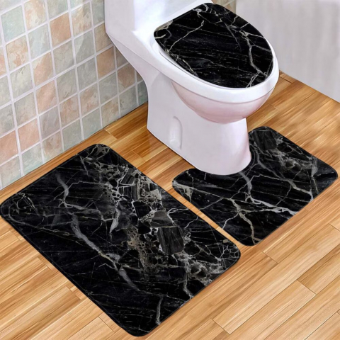 Set covoras de baie 3 piese, Antiderapante, Poliester, Lavabil la masina de spalat, 80x50, 50x38, 42x37, Model Marmura, Negru [3]