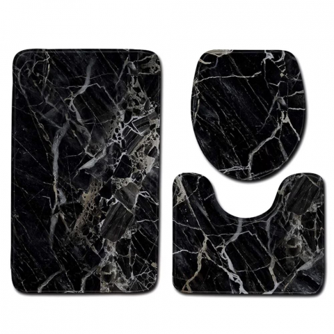 Set covoras de baie 3 piese, Antiderapante, Poliester, Lavabil la masina de spalat, 80x50, 50x38, 42x37, Model Marmura, Negru [0]