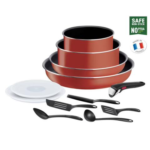 Casa, Gradina & Bricolaj - Set de 12 piese Tefal Ingenio Easy Cook & Clean, invelis antiaderent Titanium, indicator temperatura Thermo-Signal, maner detasabil, rosu