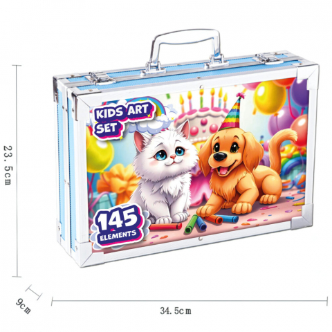 Set de pictura si desen NewEvo pentru copii, 145 de piese, Creioane colorate, Creioane cerate, Markere, Vopsele, Radiera și multe alte accesorii, Cutie Metalica, Model pisica si catel [2]