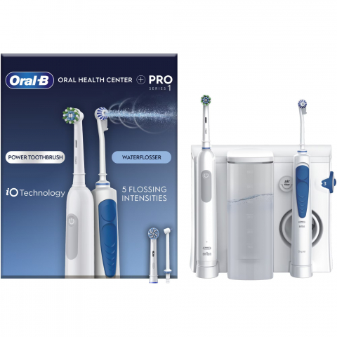 Noutati - Set irigator bucal Oral-B Oral Health Center + Periuta de dinti electrica Pro Series 1, 5 program de presiune, 1 duza Oxyjet, 1 duza cu jet de apa, Curatare 3D, 2 capete, Alb