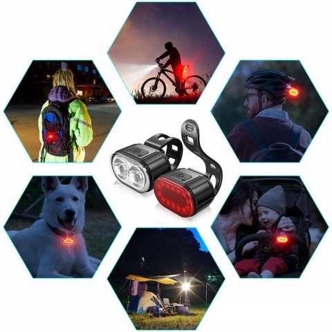 Set lumini bicicleta NewEvo, far bicicleta fata spate, USB reincarcabil cu acumulator, 4 moduri de iluminare, rezistent la apa IPX4, Alb Rosu [1]