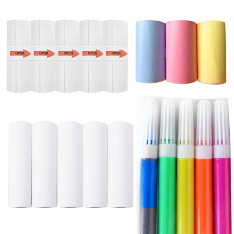 Set Mini imprimanta termica DexXer, 5 Role hartie termica alba, 3 Role hartie termica colorata, 5 Role hartie termica autoadeziva, 5 Stilouri colorate, Bluetooth, compatibil iOS/Android, Imprimare App [2]