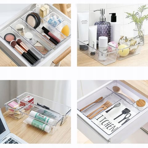 Set Organizator Sertar NewEvo, 25 Piese, 4 Marimi Diferite Pentru Depozitare Cosmetice, Bijuterii, Ustensile Bucatarie, Pixuri, Creioane, Piese Antialunecare, Diferite Configuratii, Transparent [3]