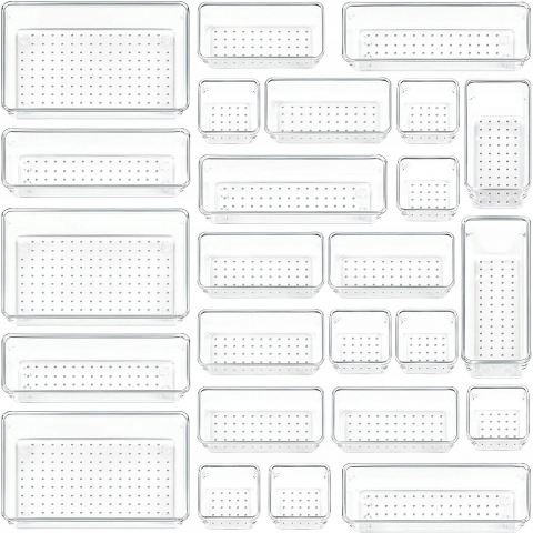 Organizare si depozitare - Set Organizator Sertar NewEvo, 25 Piese, 4 Marimi Diferite Pentru Depozitare Cosmetice, Bijuterii, Ustensile Bucatarie, Pixuri, Creioane, Piese Antialunecare, Diferite Configuratii, Transparent