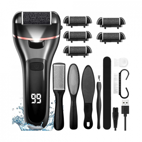 Ingrijire personala & Cosmetice - Set Pila electrica pentru talpi si calcaie NewEvo®, Display digital, Acumulator 1200 mAh, 2 viteze, 2400 rot/min, 6 Capete incluse, LED lanterna, Accesorii incluse, Indepartare piele moarta, Indeparta
